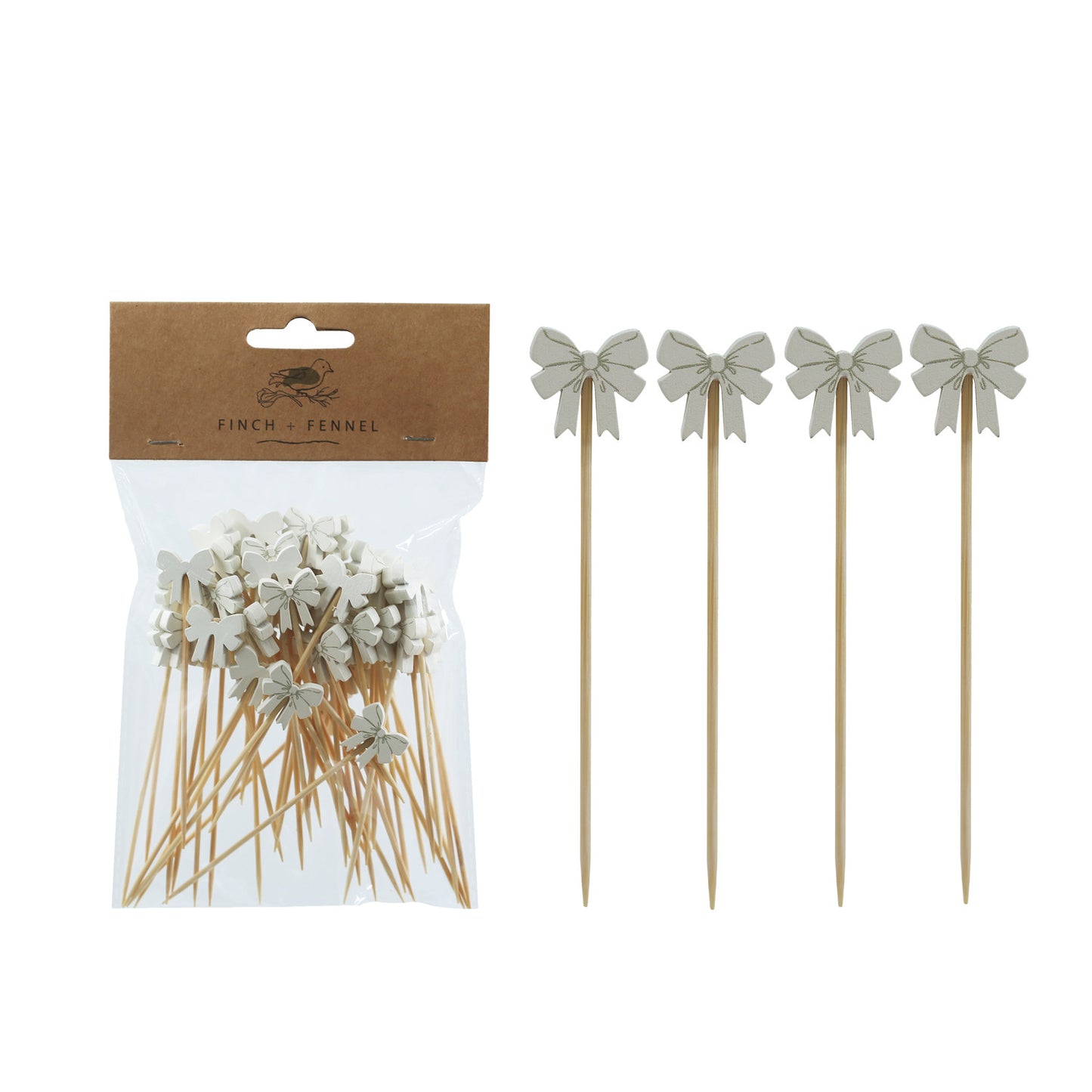 Bamboo Single Use Picks with Bow Shaped Handles, Natural & Multi Color, Set of 50