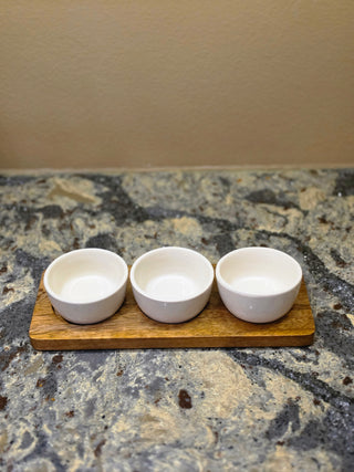 Mango Wood Tray with 3 Stoneware Bowls ~ Set of 4
