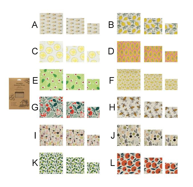 Reusable Fabric Beeswax Food Wraps ~ Set of 3