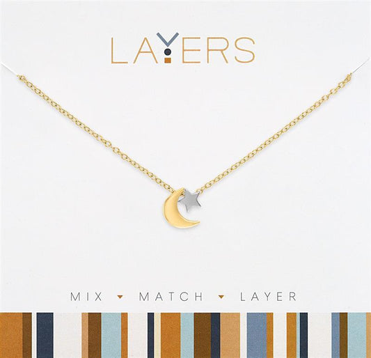 GOLD TWO TONE MOON AND STAR LAYERS NECKLACE