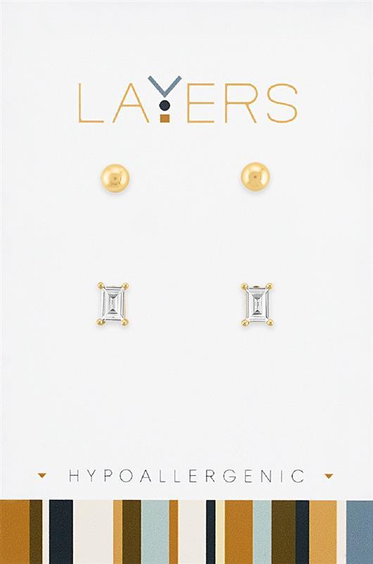 Gold Baguette Ball Duo Layers Earrings