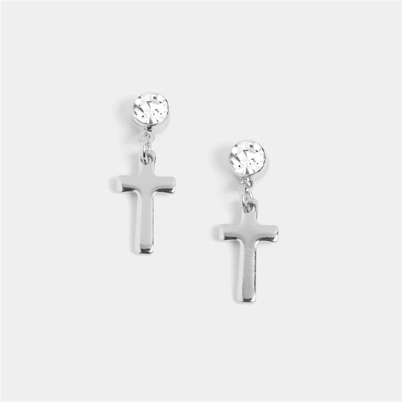 Clear Stone Cross Dangle Earrings ~ Silver