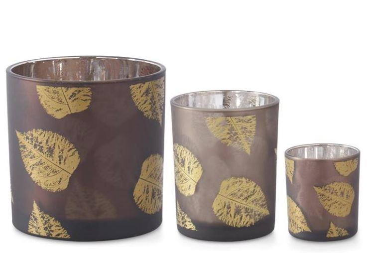 Brown Mirrored Interior Votive with Gold Birch Leaves ~ Small