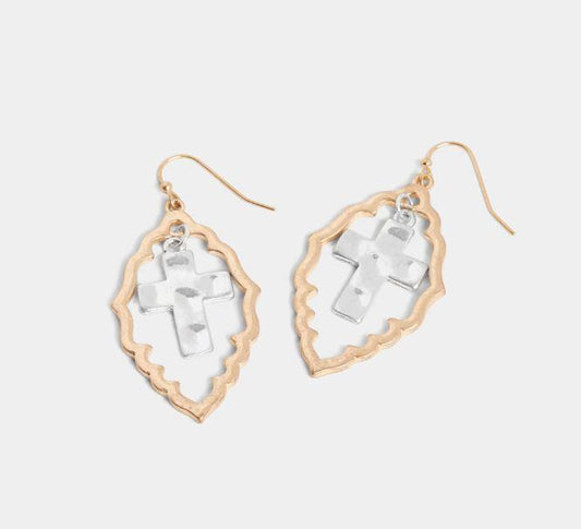 Mixed Metal Framed Cross Dangle Earrings