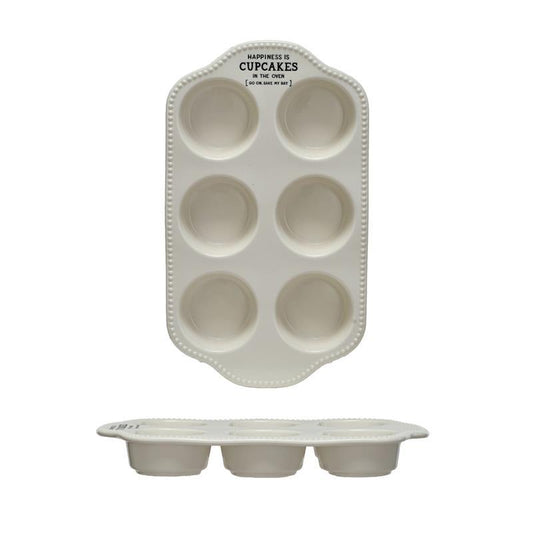 STONEWARE MUFFIN PAN WITH HOBNAIL EDGE AND WAX SAYING ~ HAPPINESS IS CUPCAKES