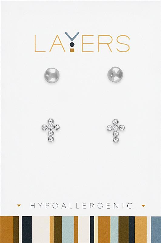 Silver Hammered Ball & CZ Cross Duo Pair Stud Layers Earrings
