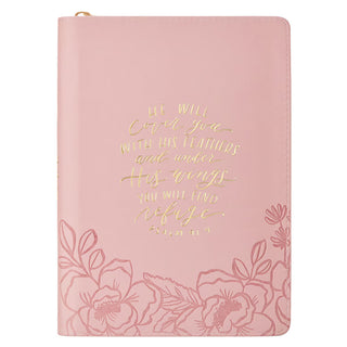 Journal Classic Zip ~ Pink ~ He Will Cover You Psalm 91:4